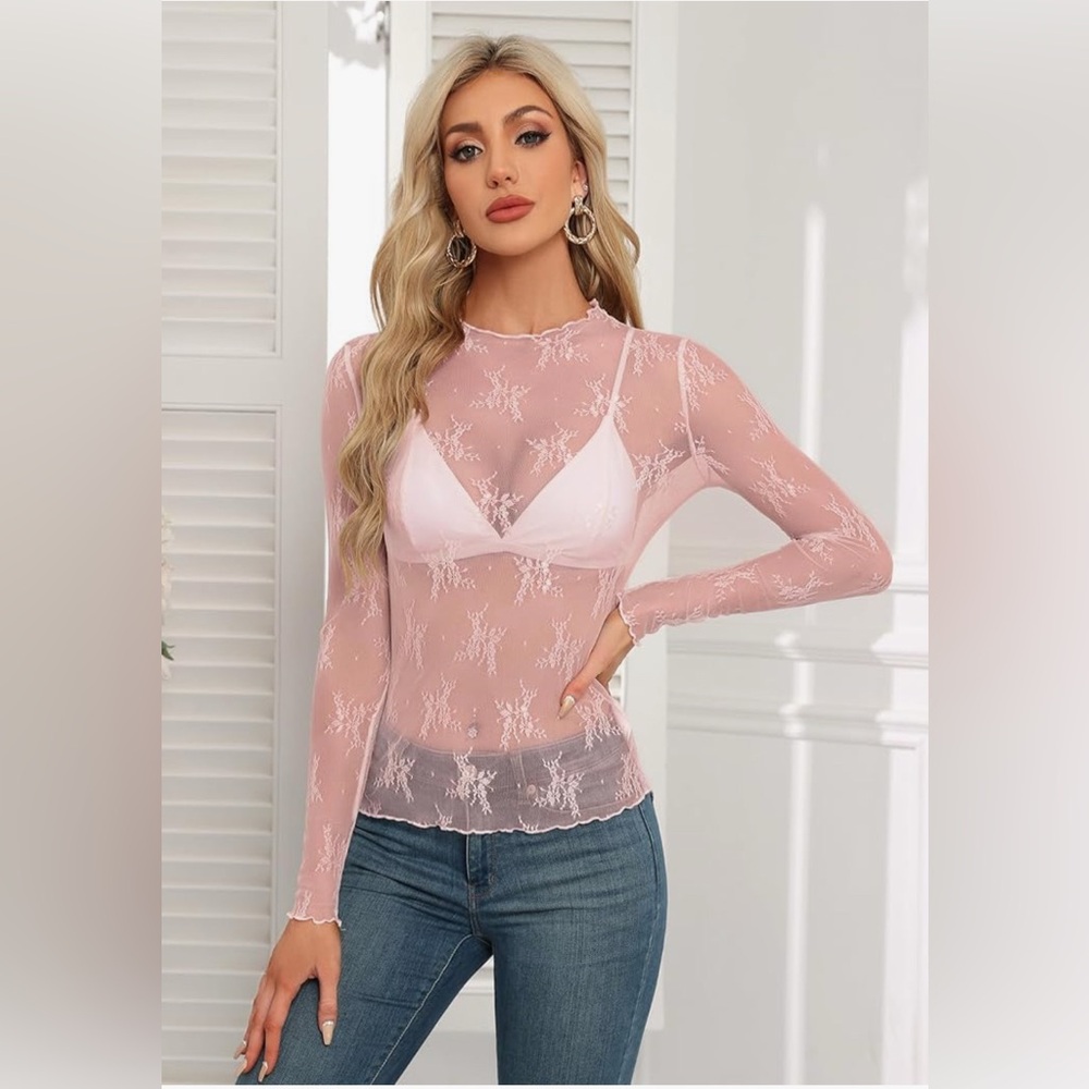 Sheer Lace Pink Top Small NWT